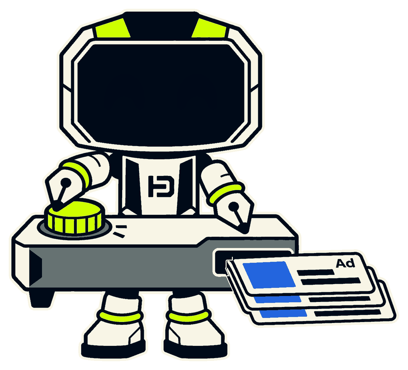 Hago the robot at a small console, turning a big lime dial; a stack of three ad cards slides out of the console's slot.