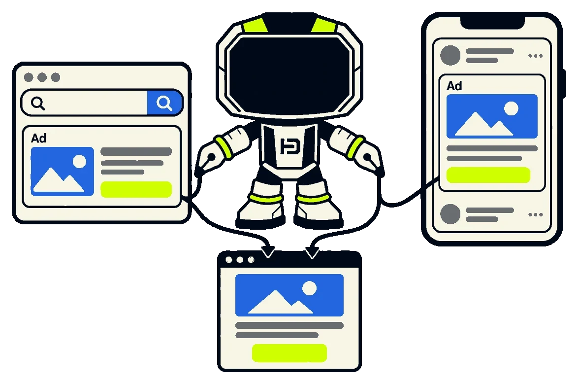 A search bar with an ad under it on the left, a phone with a social feed and an ad post on the right, and Hago the robot holding a thread from each to one landing page in the middle.