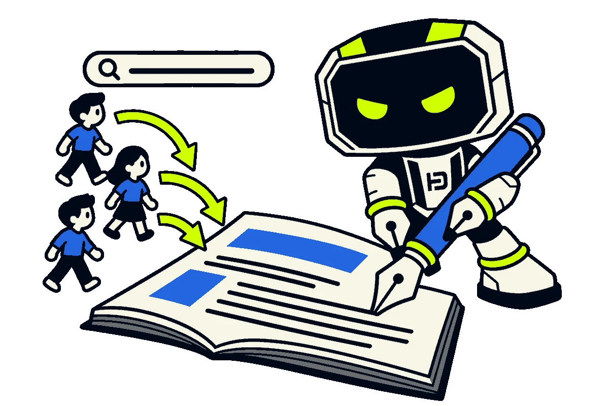Hago the robot writing in a large open book while people from a search bar follow arrows towards the page.