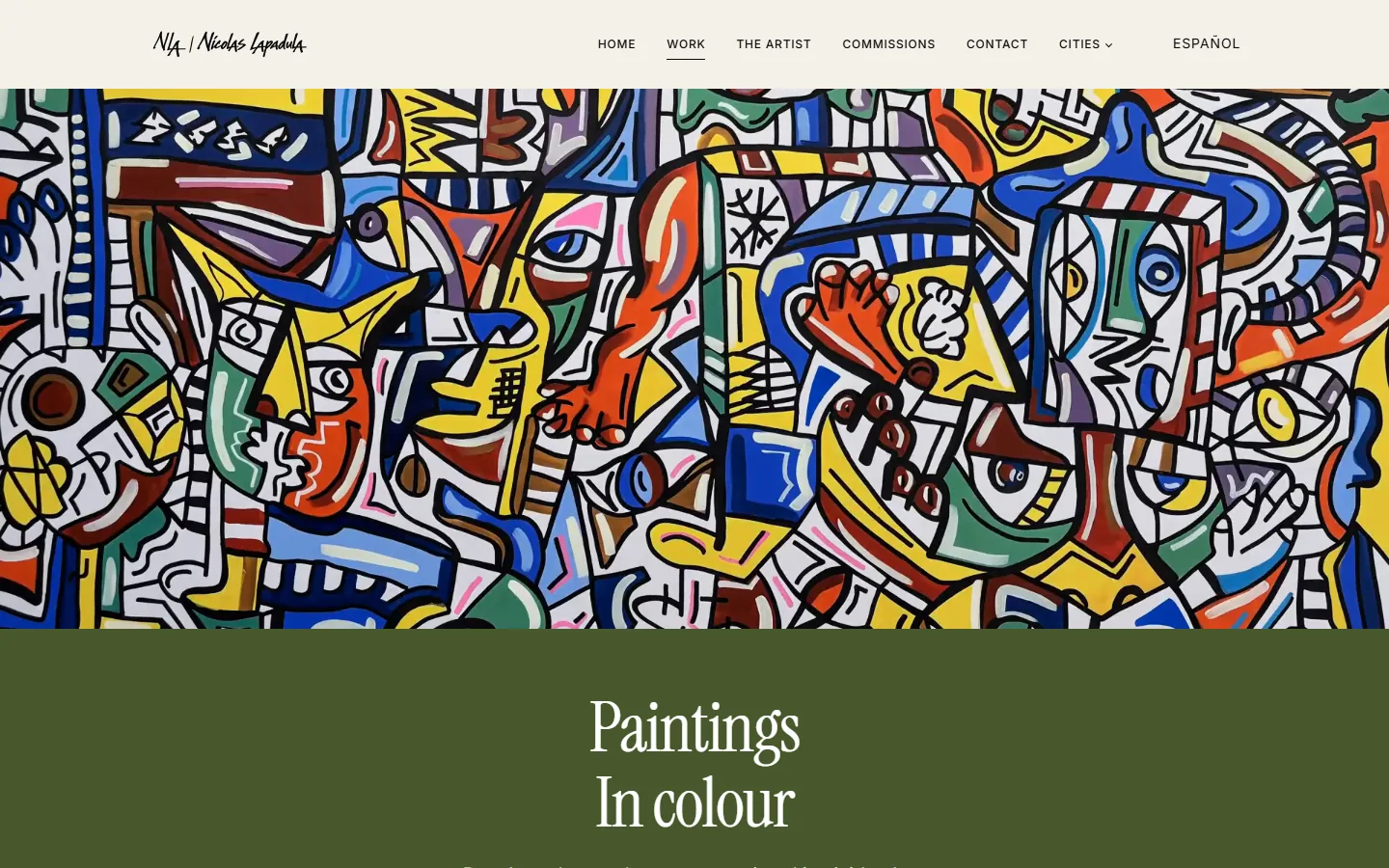La página de obras de nicolaslapadula.com: una pintura colorida a todo lo ancho bajo un encabezado sobrio, sobre el título Paintings, In colour.