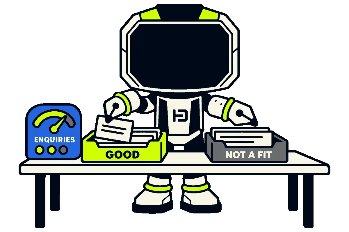 Hago the robot at a desk sorting enquiries into a Good tray and a Not a fit tray, beside an enquiries gauge.