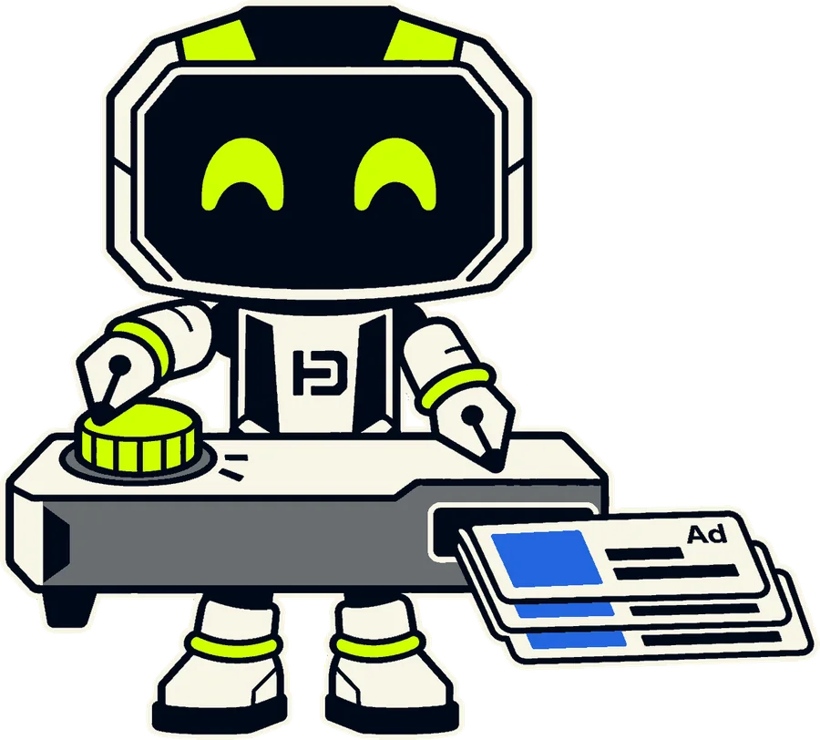 Hago, the HagoDigital robot mascot, at a control desk printing ad cards.