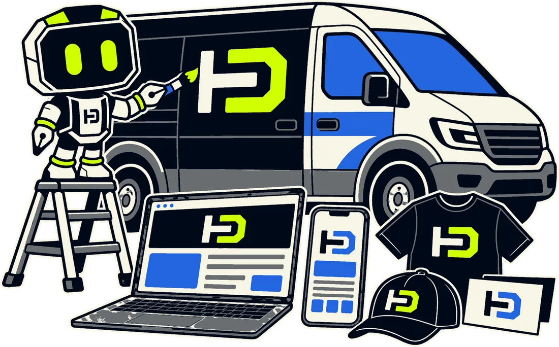 Hago, the HagoDigital robot mascot, painting one logo onto a van, a laptop, a phone, a t-shirt, a cap and a business card.