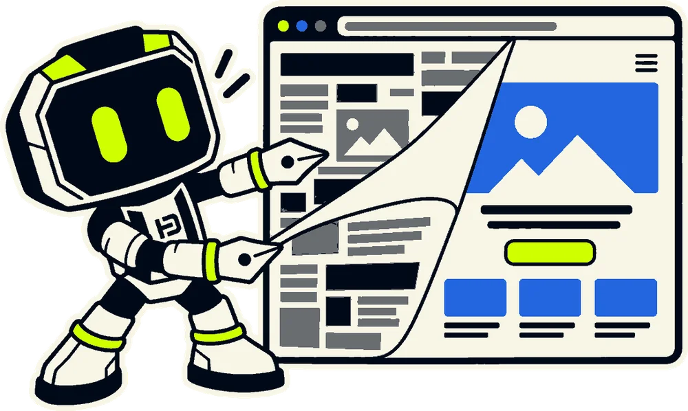 Hago, the HagoDigital robot mascot, peeling an old web page away to show the new design underneath.