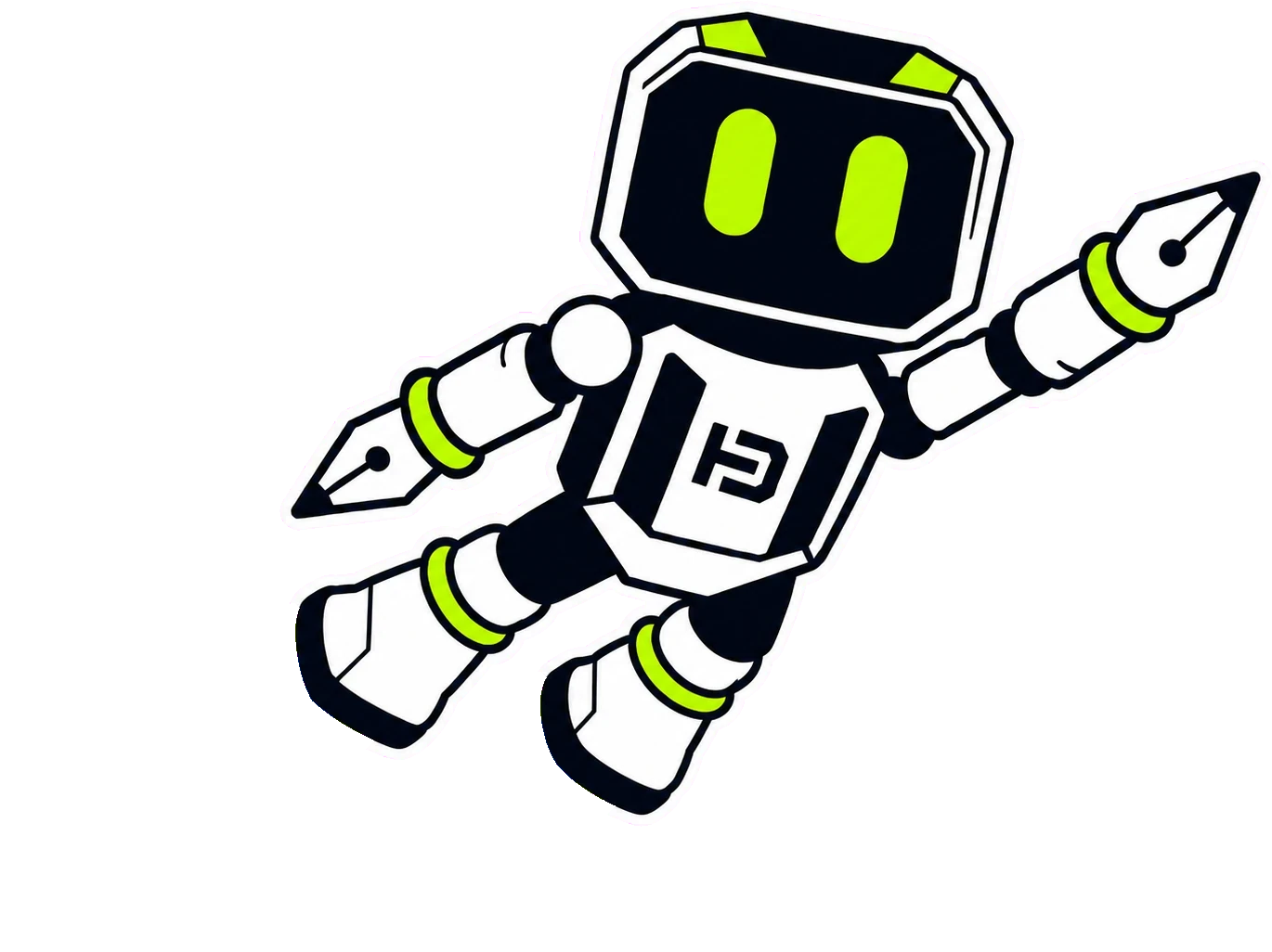 Hago the robot flying on rocket thrusters, each forearm ending in a pen nib, with an HD monogram on its chest.