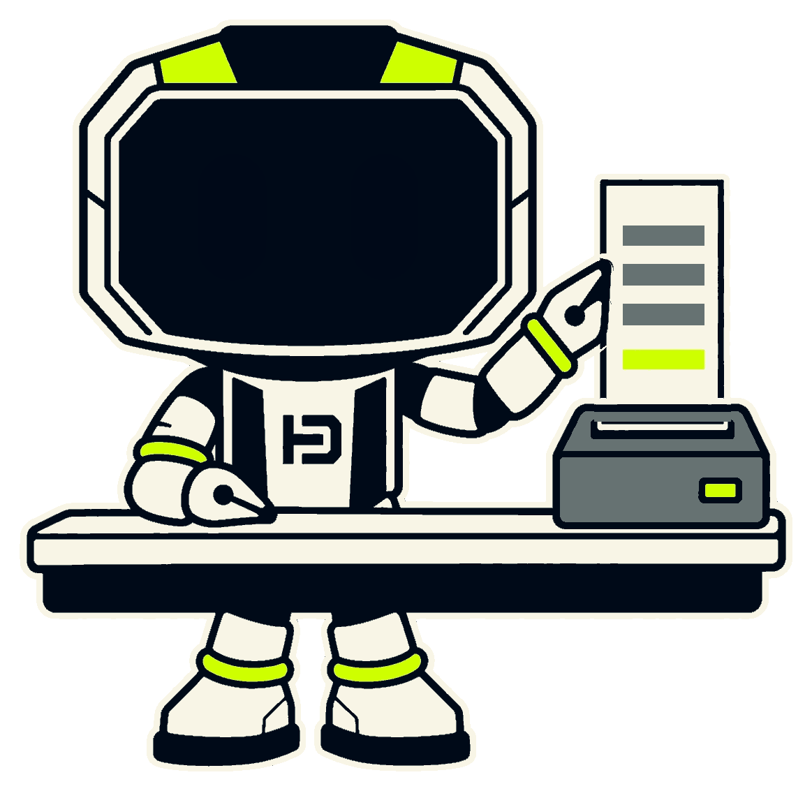 Hago the robot at a small counter with a receipt printer, holding up a freshly printed receipt with three line items and a lime total.