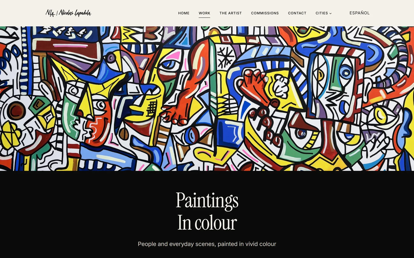 The works page of nicolaslapadula.com on a laptop: a colourful painting above the heading Paintings in colour.