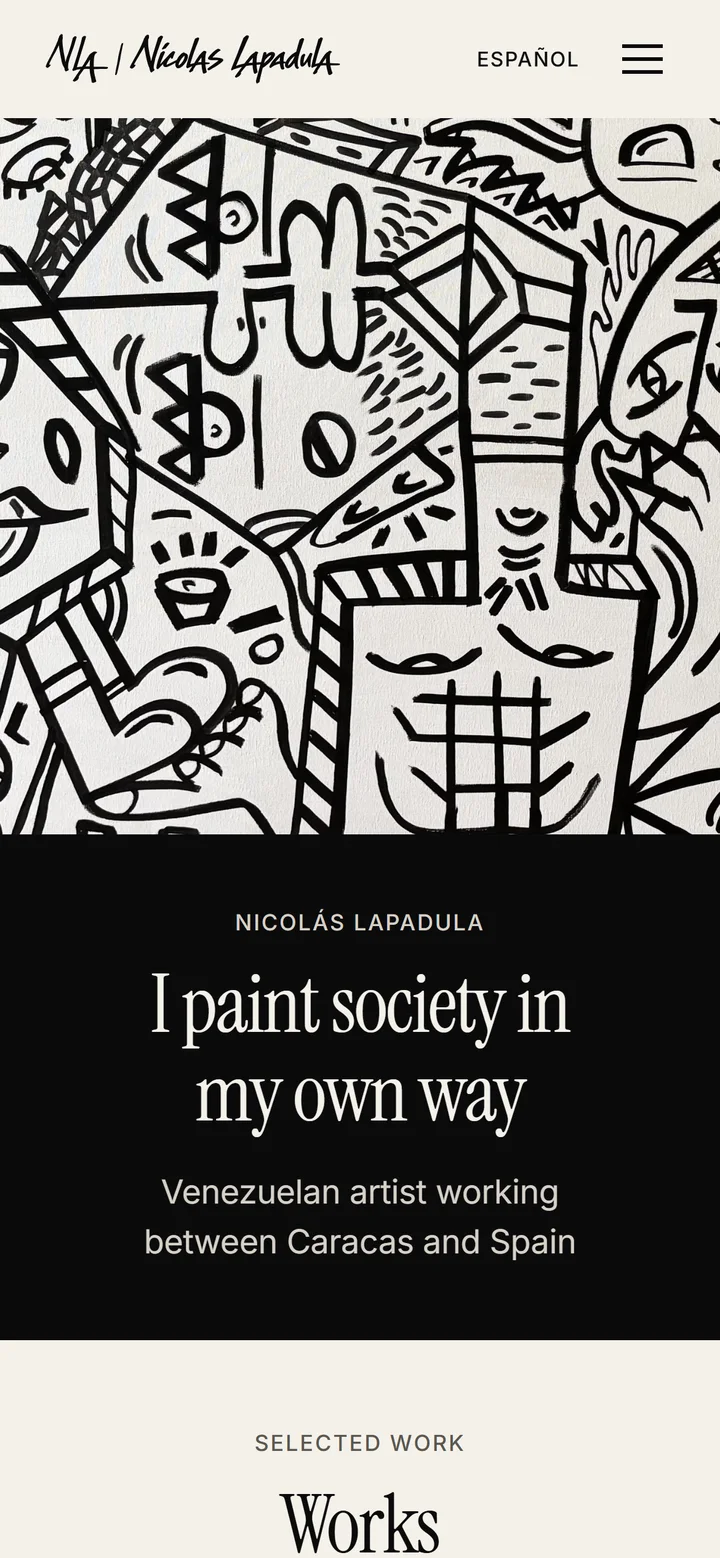 The home page of nicolaslapadula.com on a phone: a black-and-white painting above the line I paint society in my own way.