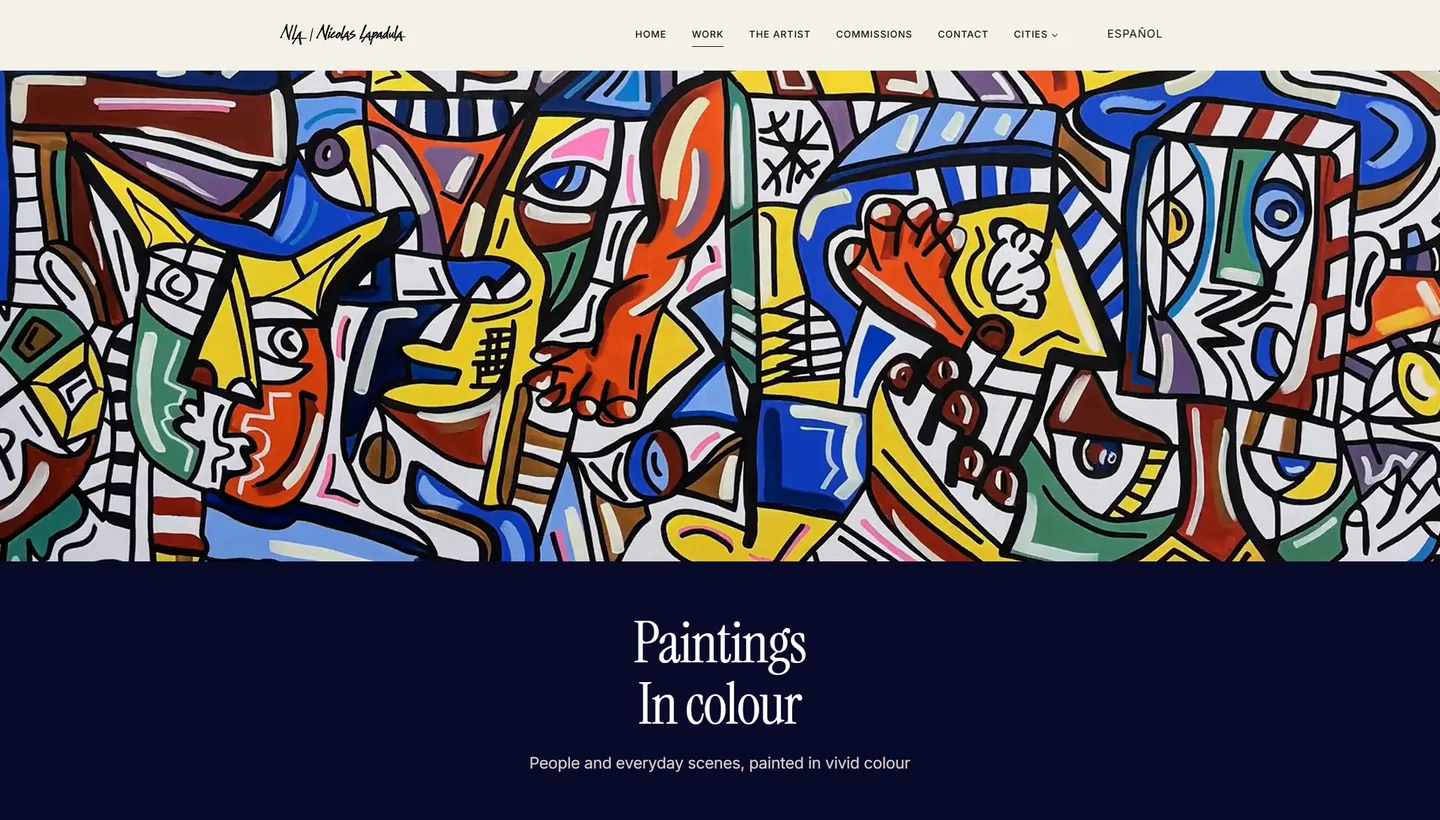 The new nicolaslapadula.com: the Work page, a wide painting of faces in bold colour above the title Paintings in colour.